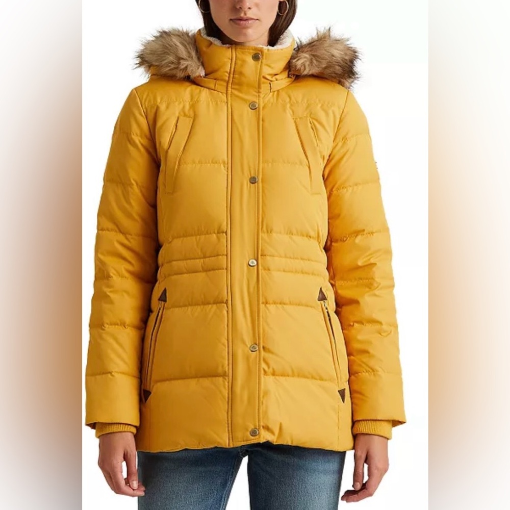 Lauren Ralph Lauren Women's Faux Fur Trim Hooded Down Puffer Coat Mustard Size M